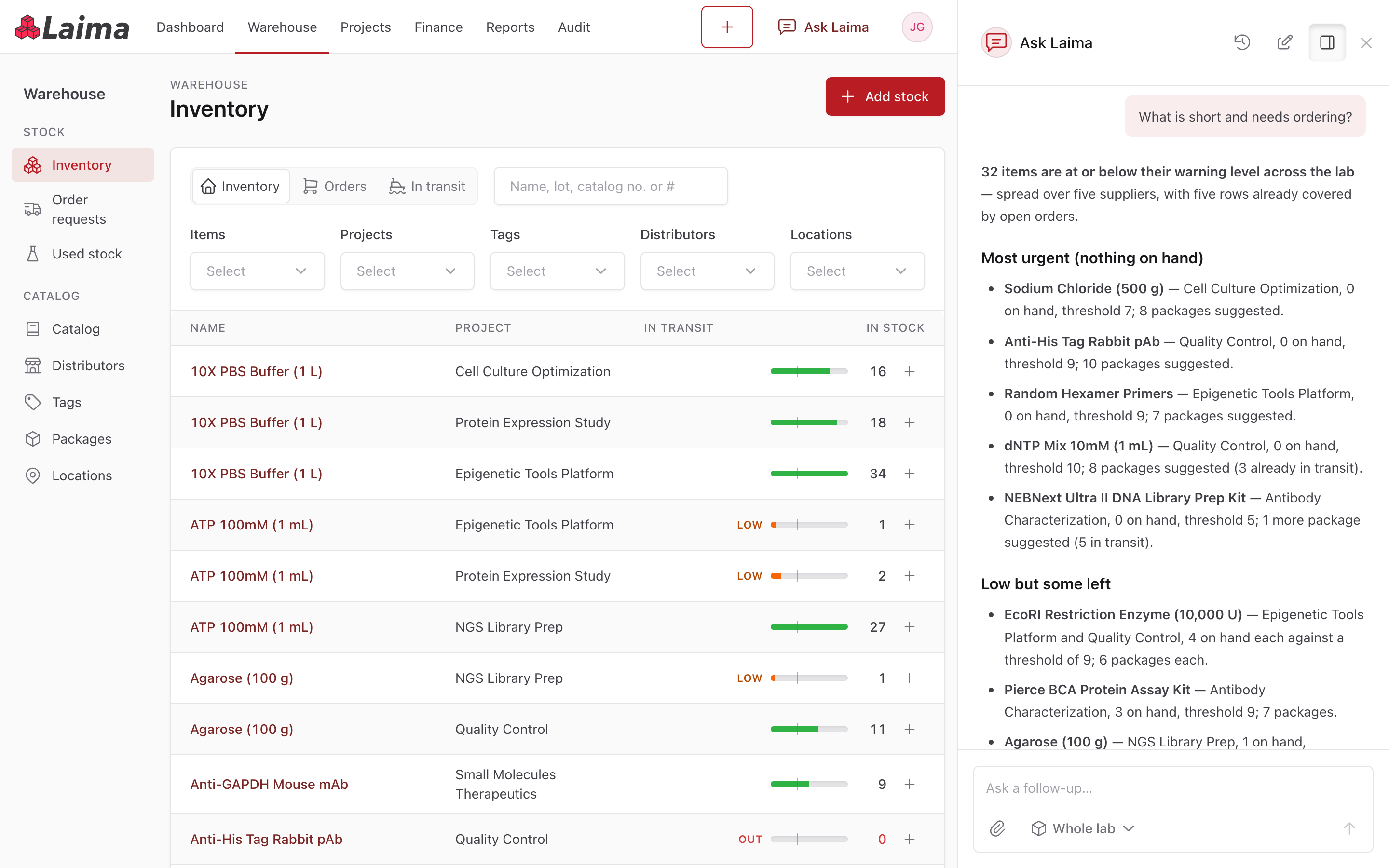 Ask Laima épinglé à côté de l’inventaire, avec la liste des articles manquants à commander