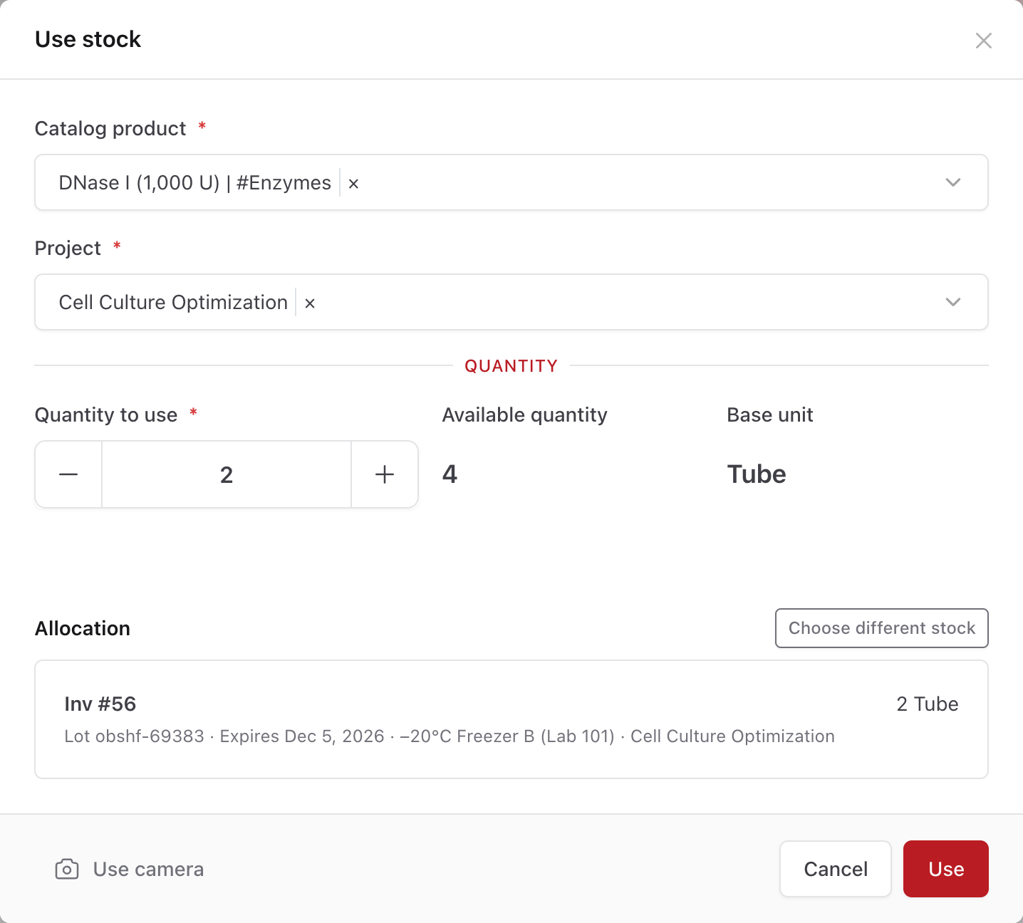 Fenêtre Use stock avec le produit du catalogue, le projet, la quantité et l’attribution des stocks vérifiée