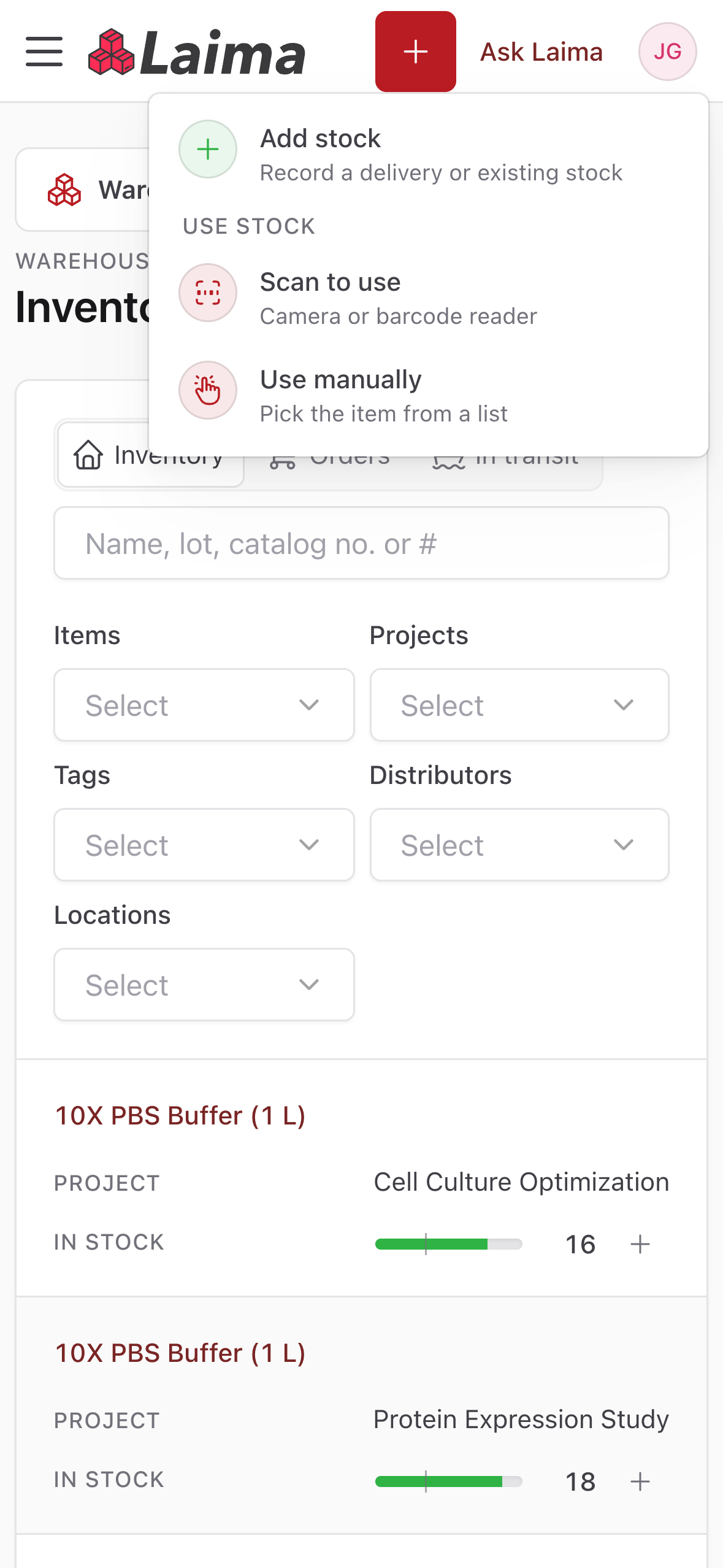 Menu d'actions d'inventaire sur un téléphone avec Ajouter du stock, Numériser pour utiliser et Utiliser manuellement